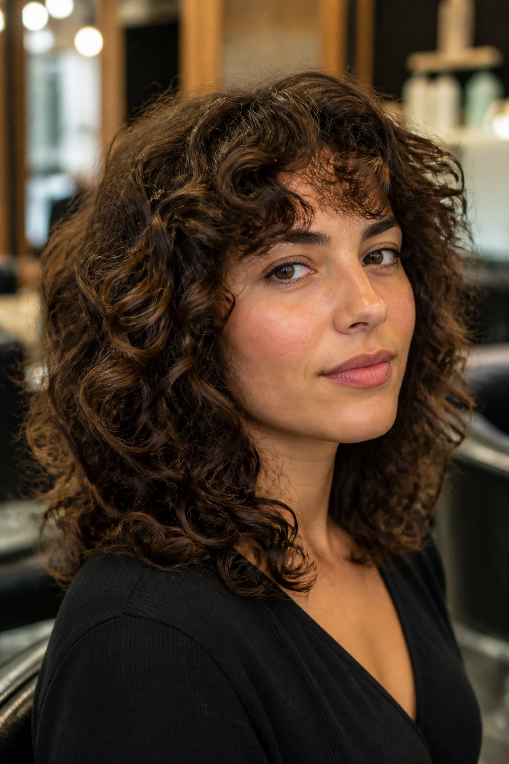Portrait of real person in salon showing layered cut for frizzy curls