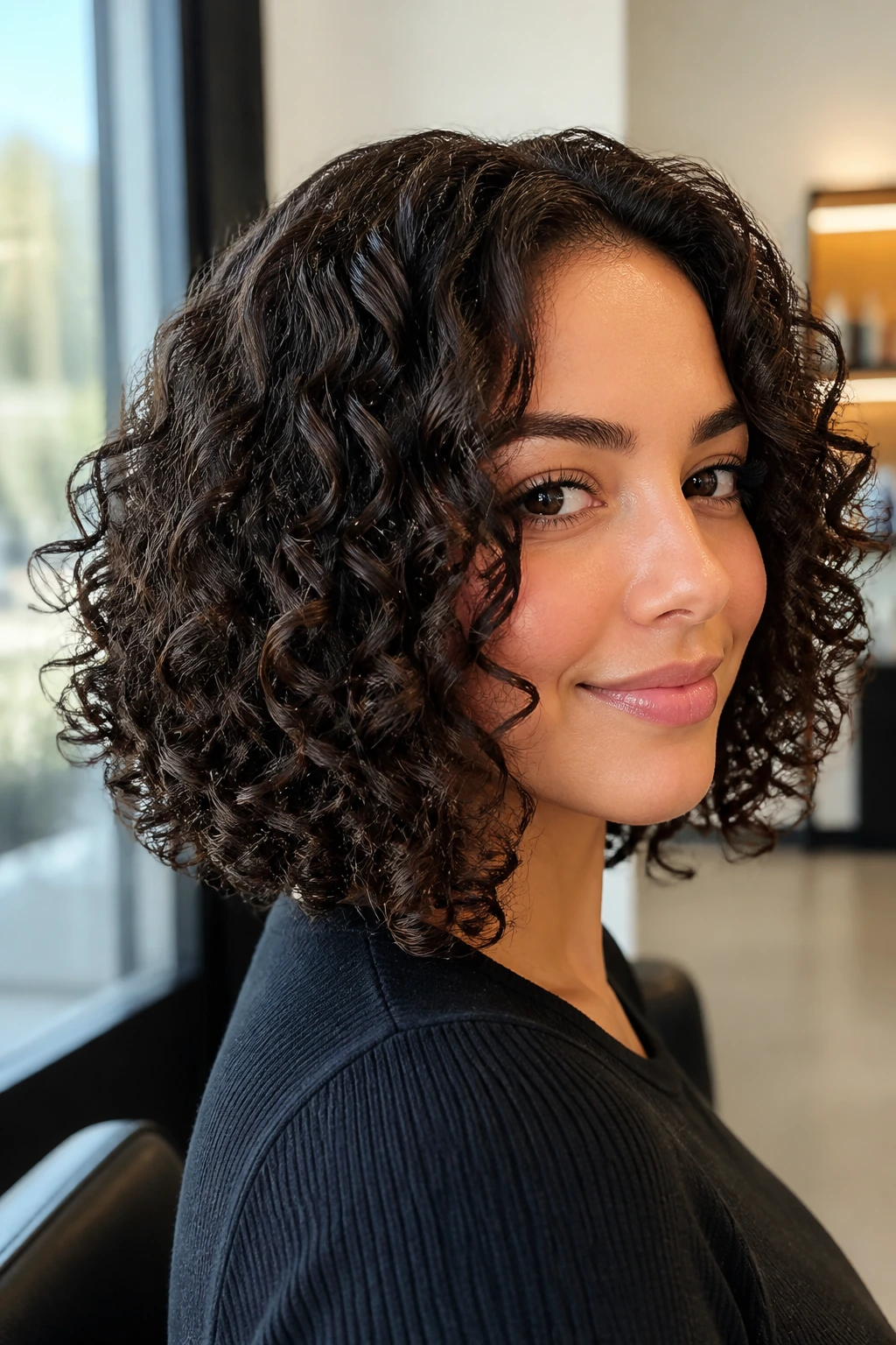 Close-up of a real woman with a tight-knit layered lob, curl texture, natural window light