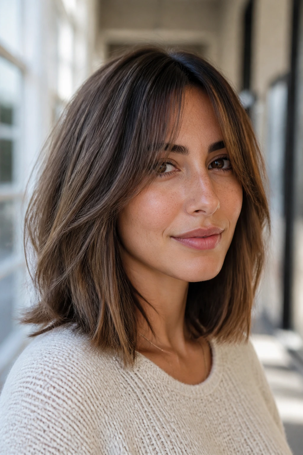 Layered long bob with curtain bangs on a real person