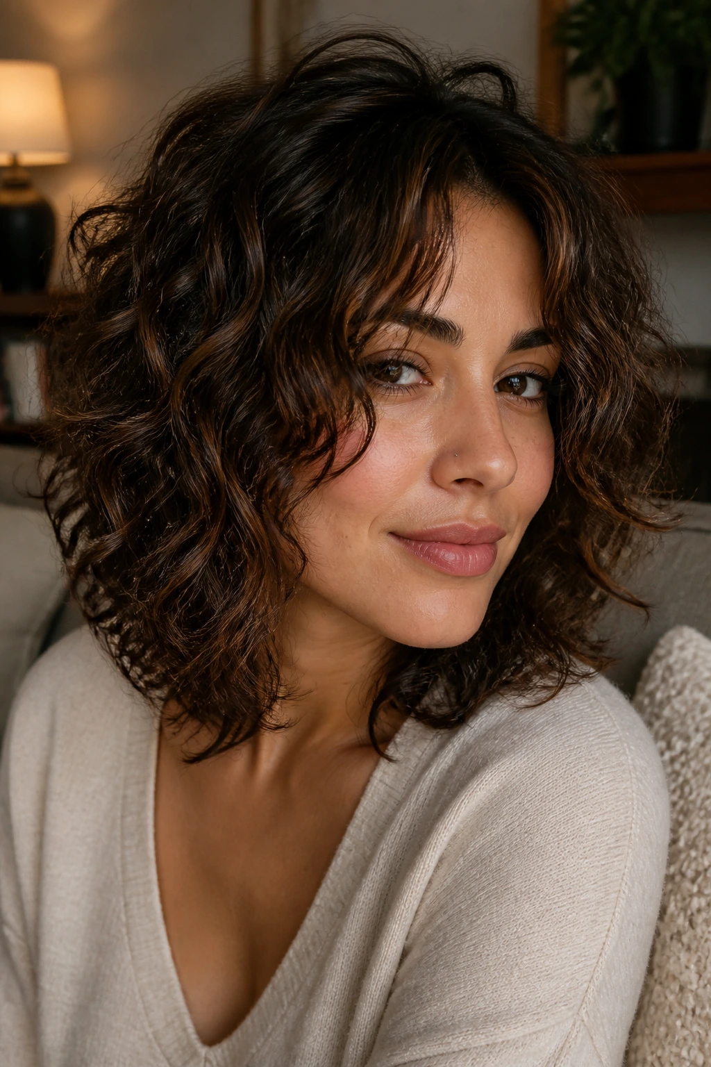 Close-up of real person with layered lob and face-framing pieces