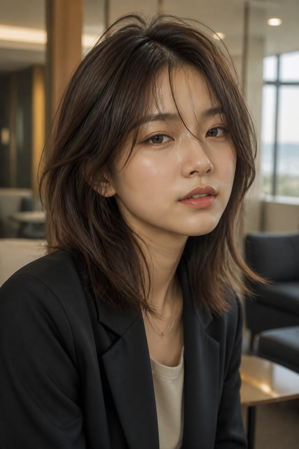 Close-up portrait of a real woman with layered lob texture hair in an office setting
