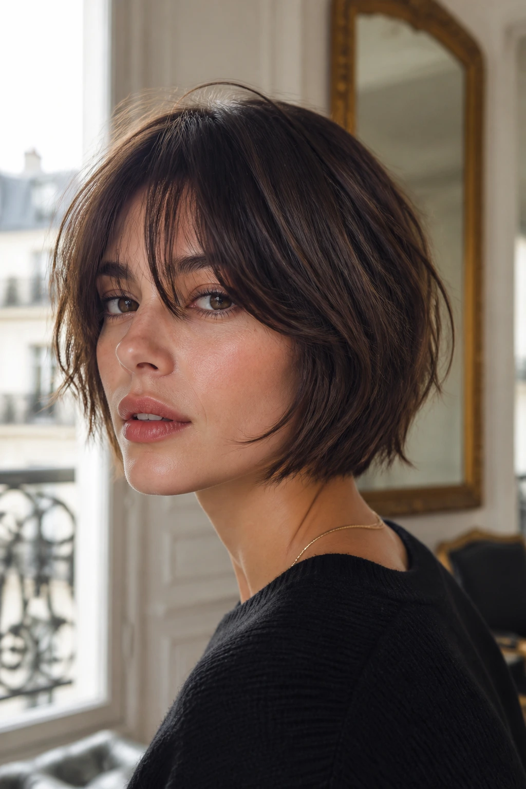 Close-up of a woman with a layered Parisian bob and short curtain bangs in a bright interior.
