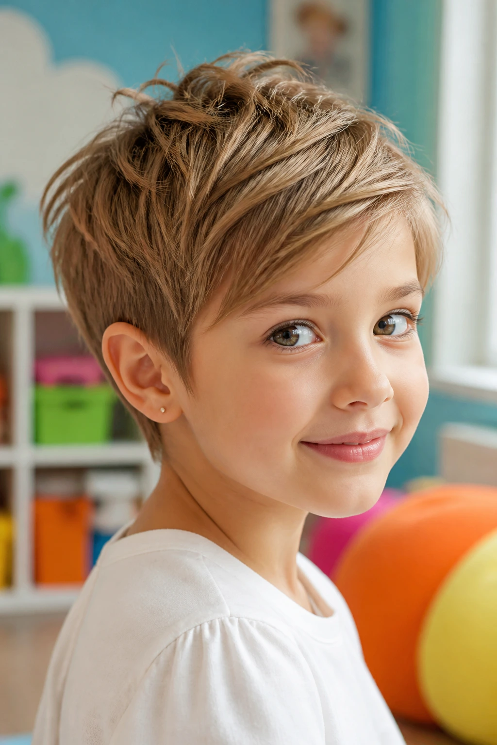 Close-up of a child with layered pixie cut showing texture and movement