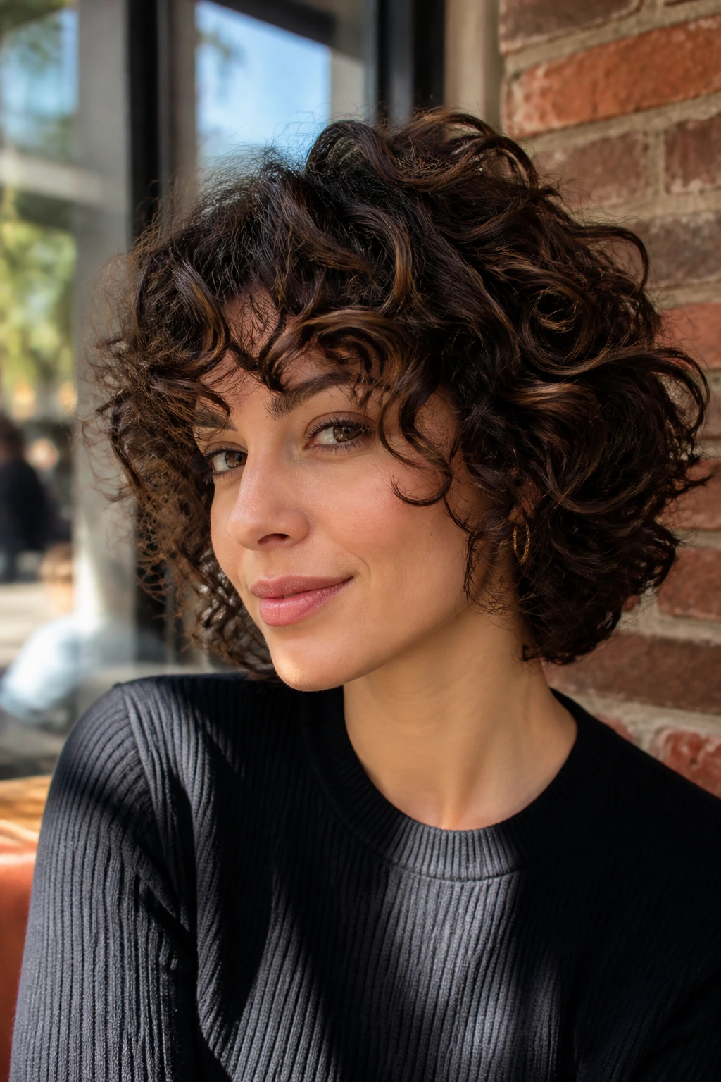 Close-up of Layered Ringlet Cut hairstyle on a real woman with stacked, springy curls