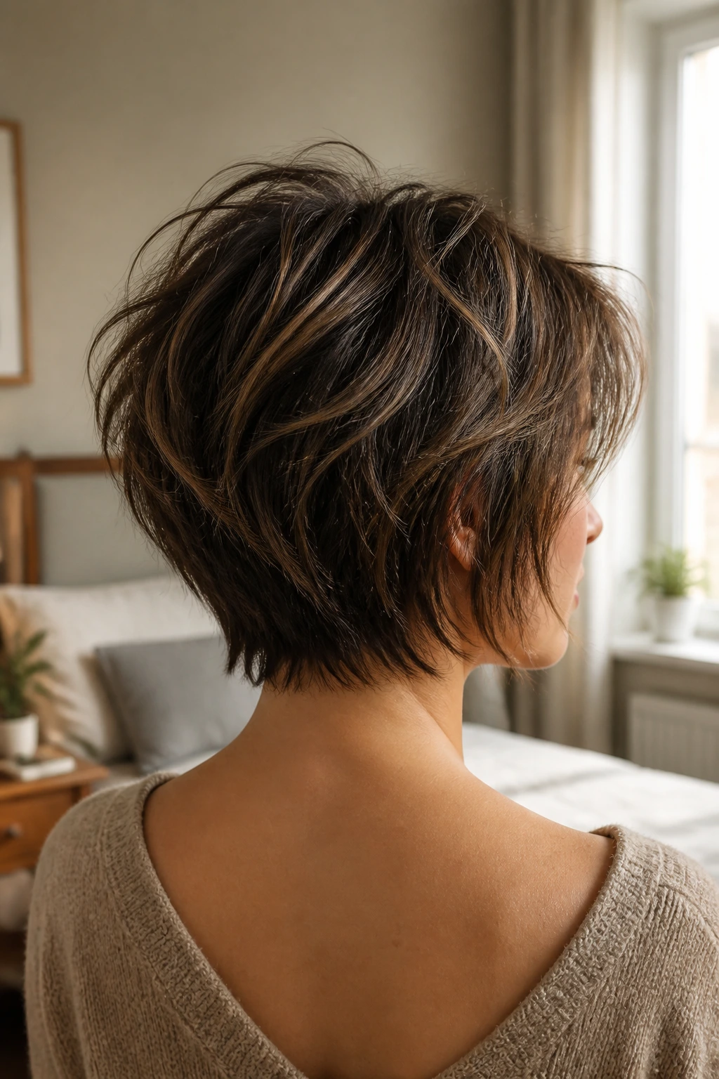 Back three-quarter view of a real woman with layered shag-bob hairstyle