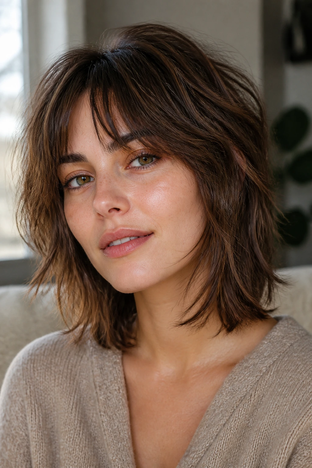 Close-up of a real woman with neck-length layered shag-bob hairstyle in window light