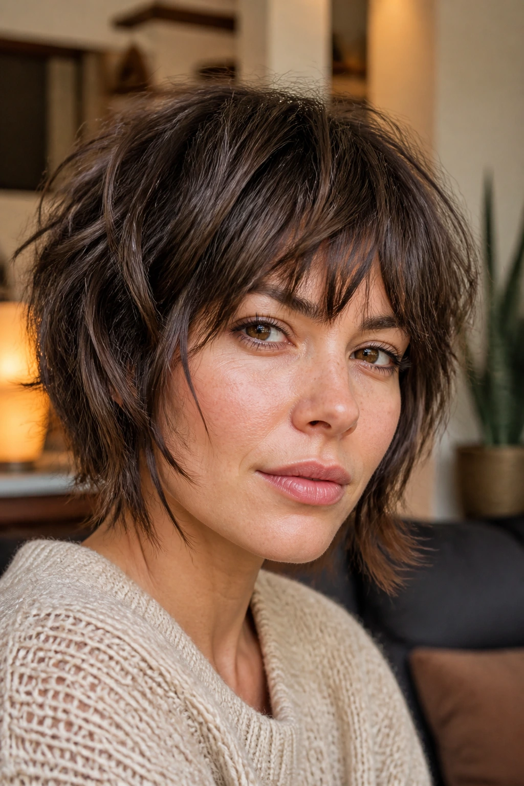 Close-up of a real woman with layered shag-bob and textured layers