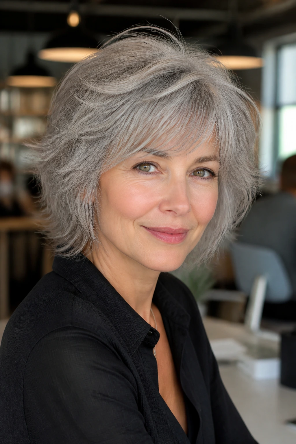Close-up portrait of a real woman with layered shag grey hair in an office