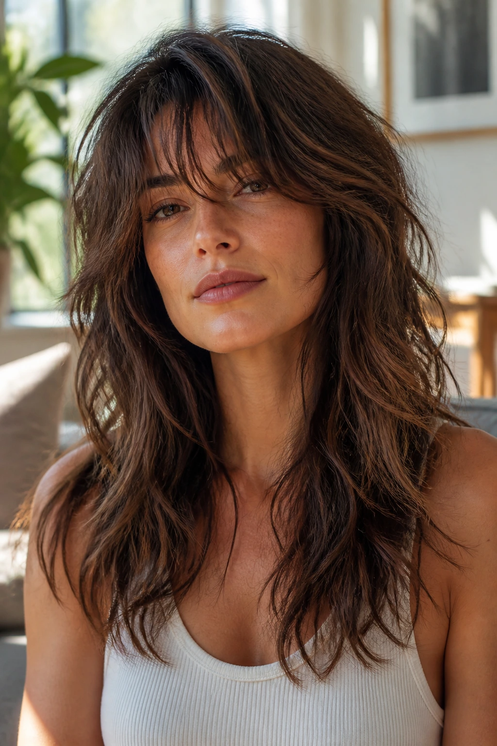 Close-up portrait of a woman with a long layered shag hairstyle