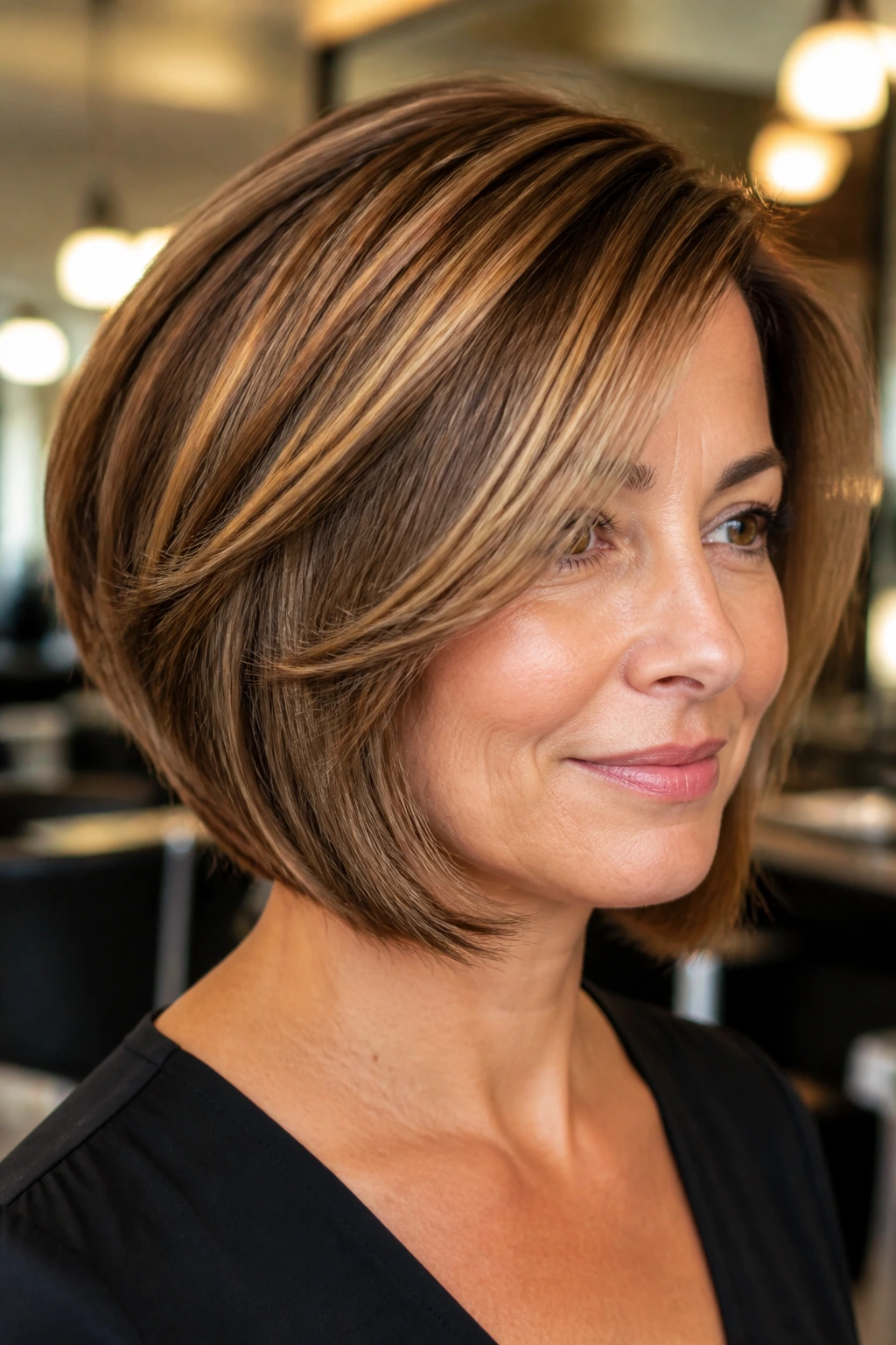 Close-up of a woman with a stacked layered bob and caramel highlights.