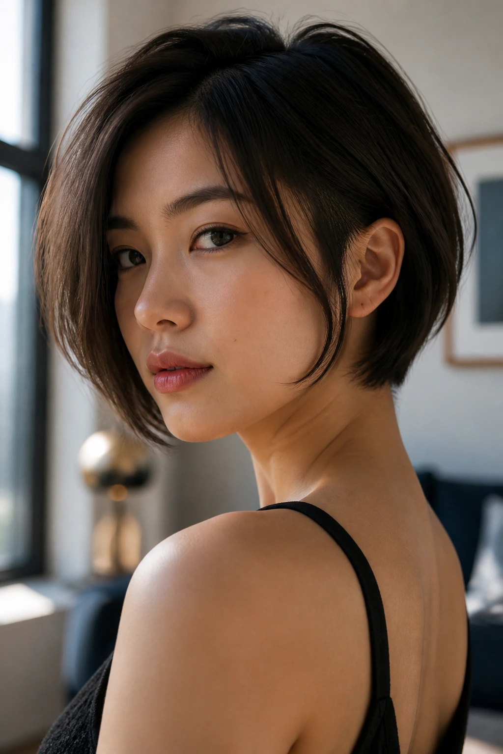 Close-up portrait of a real person with layered undercut bob and thick Asian hair