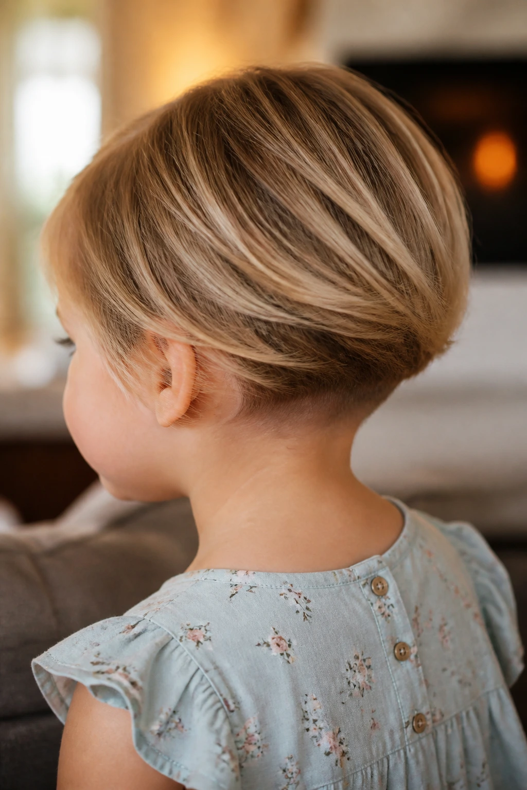 Close-up toddler head showing layered undercut bob hairstyle in a cozy home