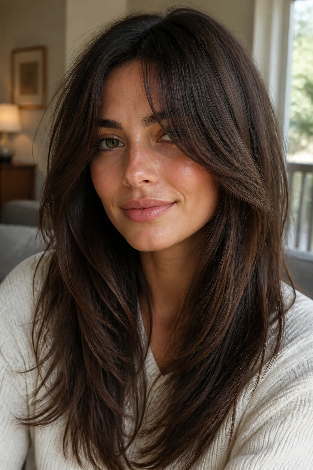 Close-up of a real woman with layered V-cut and curtain bangs