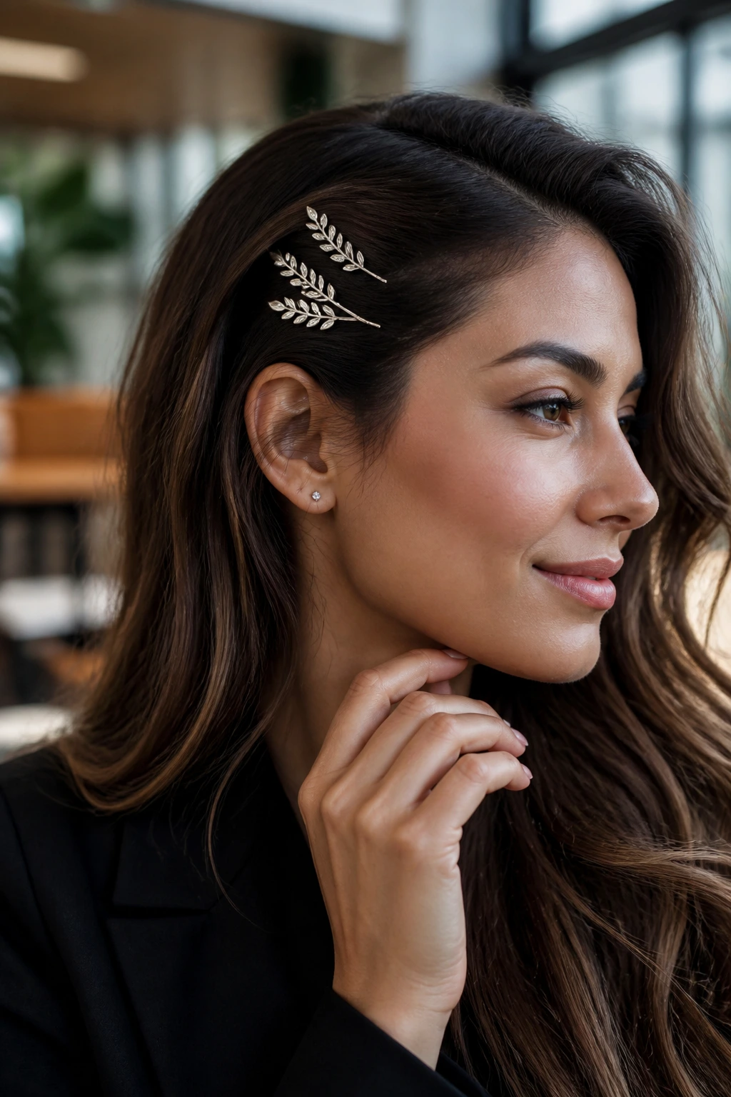 Close-up of hair with delicate silver leaf clips catching light