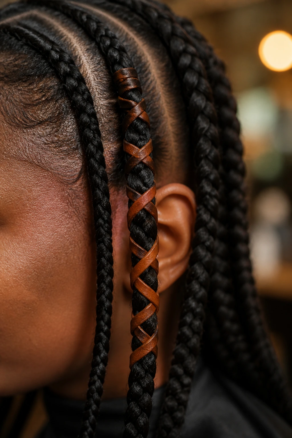 Close-up of a braid with brown leather cord wrap on a real person in warm salon lighting