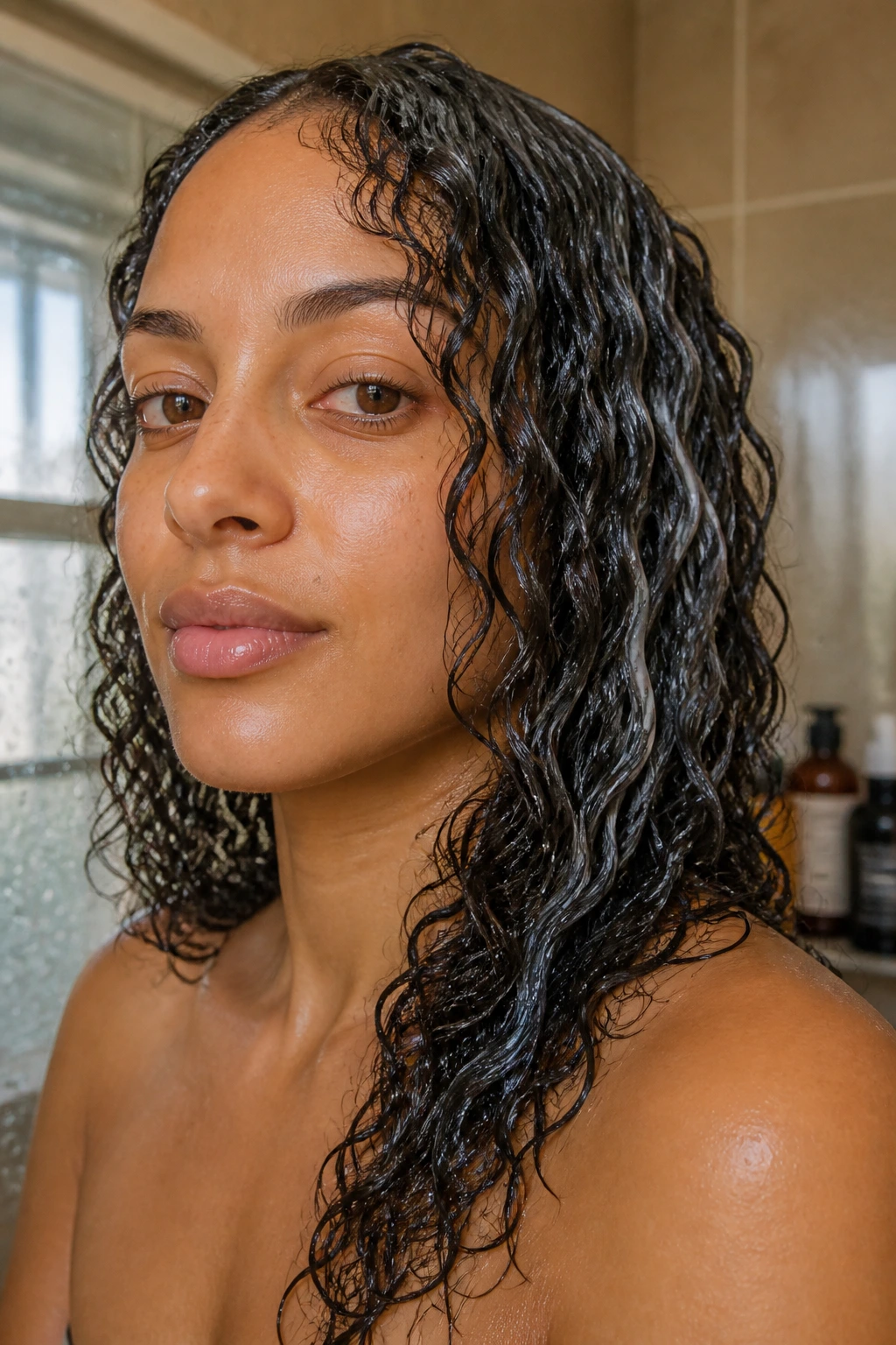 Close-up of a real woman's wet hair with a glossy leave-in conditioner layer in a warm bathroom.