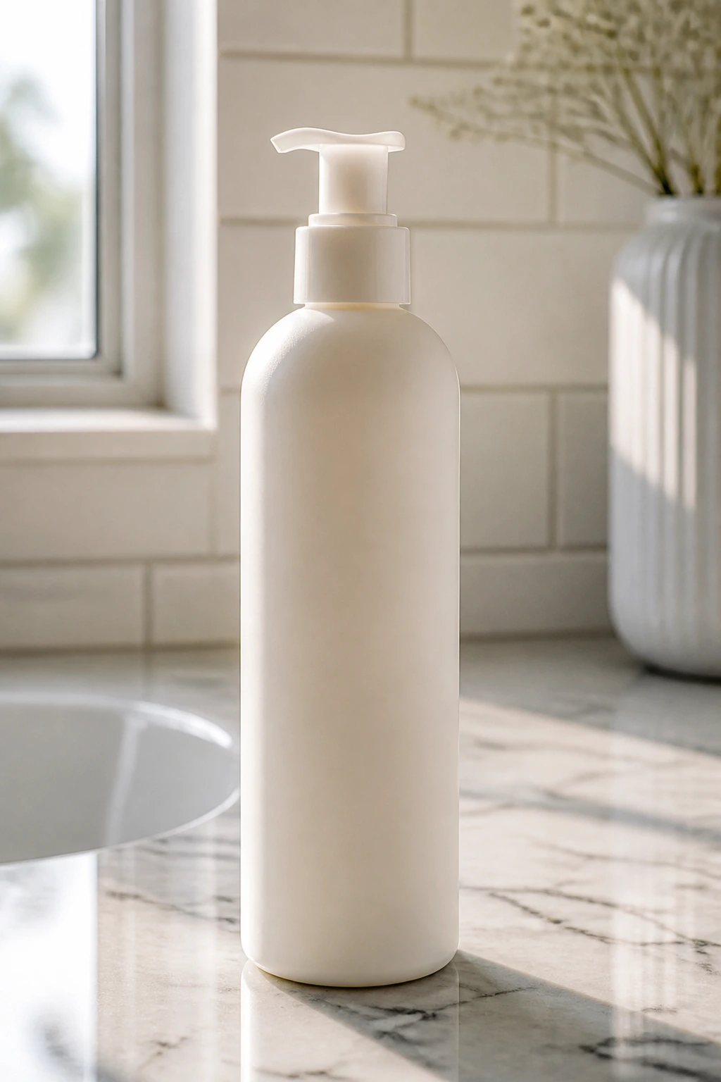 Close-up of an unlabeled leave-in conditioner bottle on a marble bathroom counter, natural light.