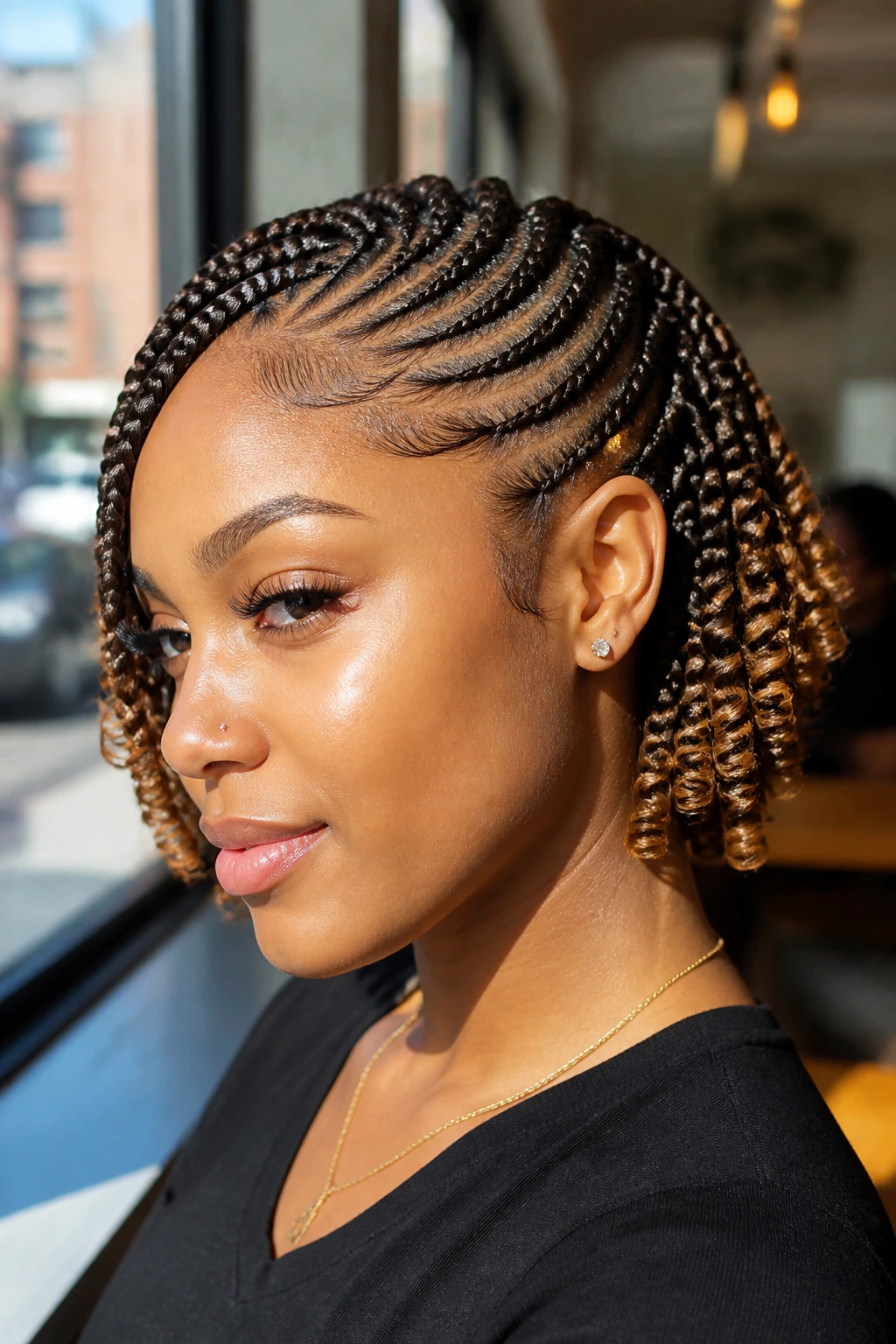 Close-up of lemonade braids swept to one side with spiral curls behind the ear.