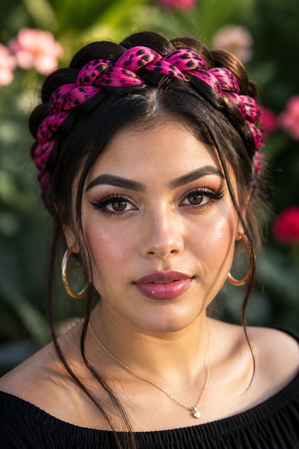 Front view of a real person with a leopard-spotted crown braid.
