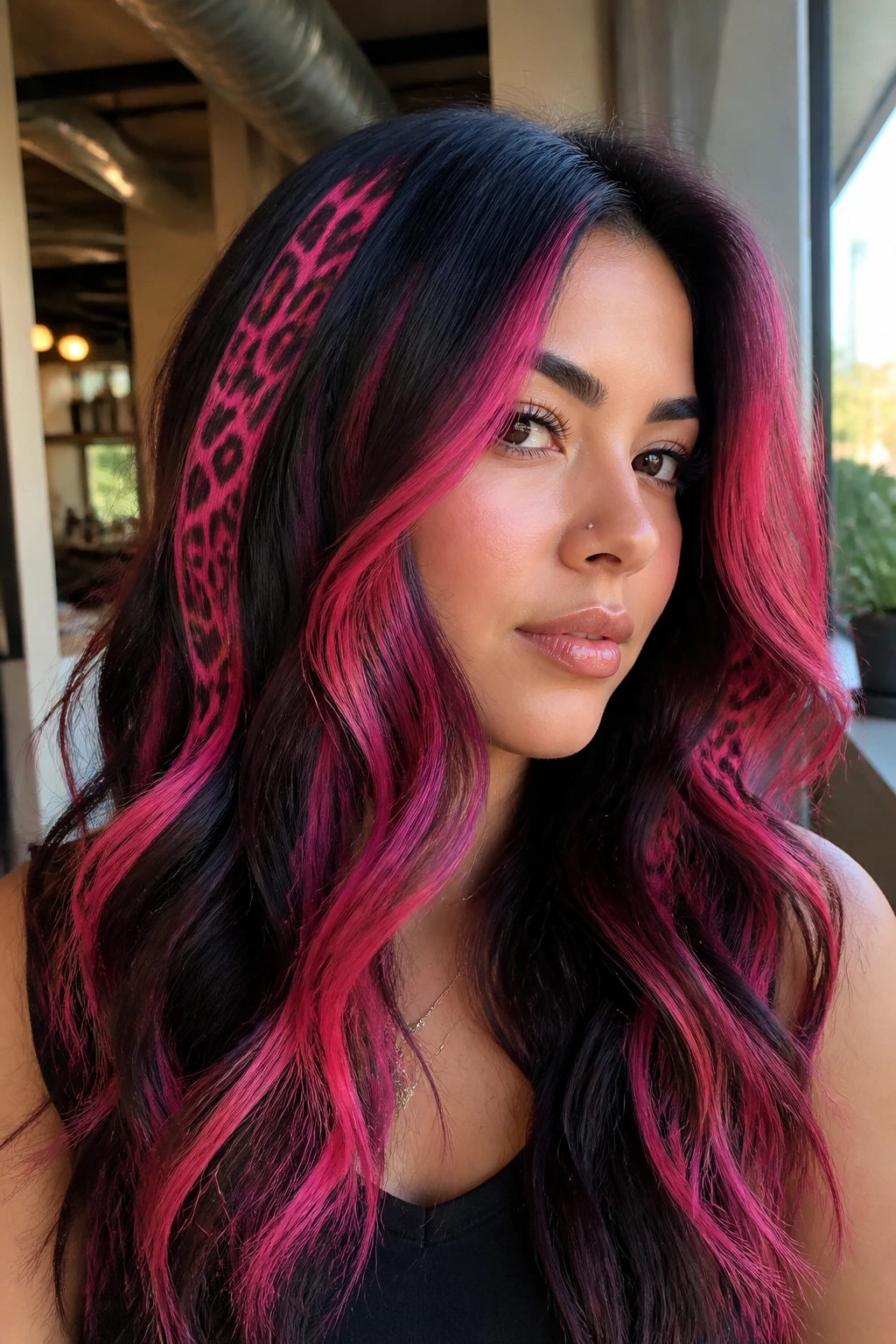 Close-up of a real woman with chunky hot-pink leopard-print highlights in dark wavy hair