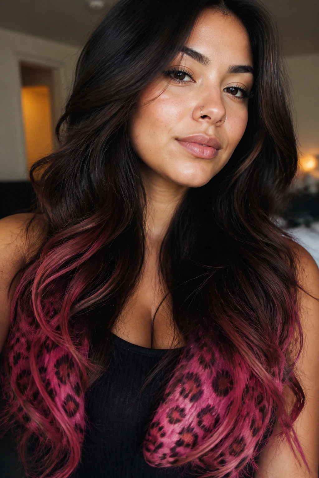 Close-up of a real woman with leopard ombré on long layered hair.