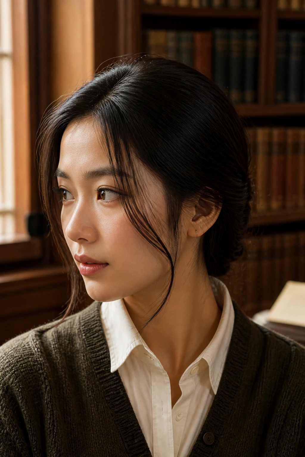 Close-up of librarian tuck hairstyle on a real woman in a library setting