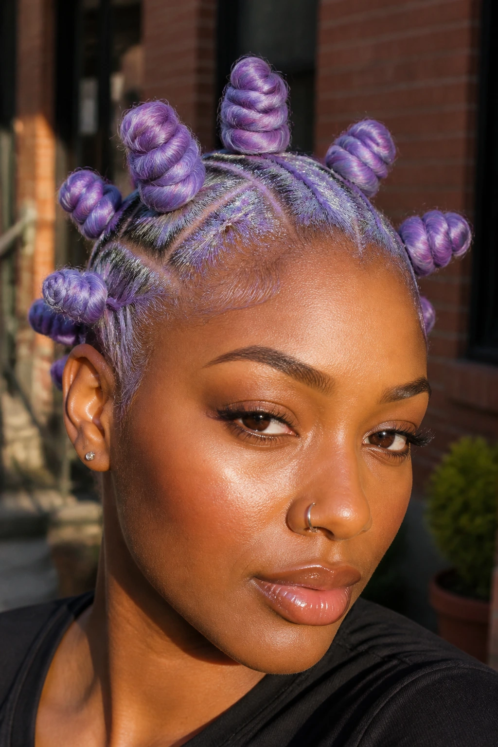 Close-up of a real person with lilac bantu knots and glitter roots