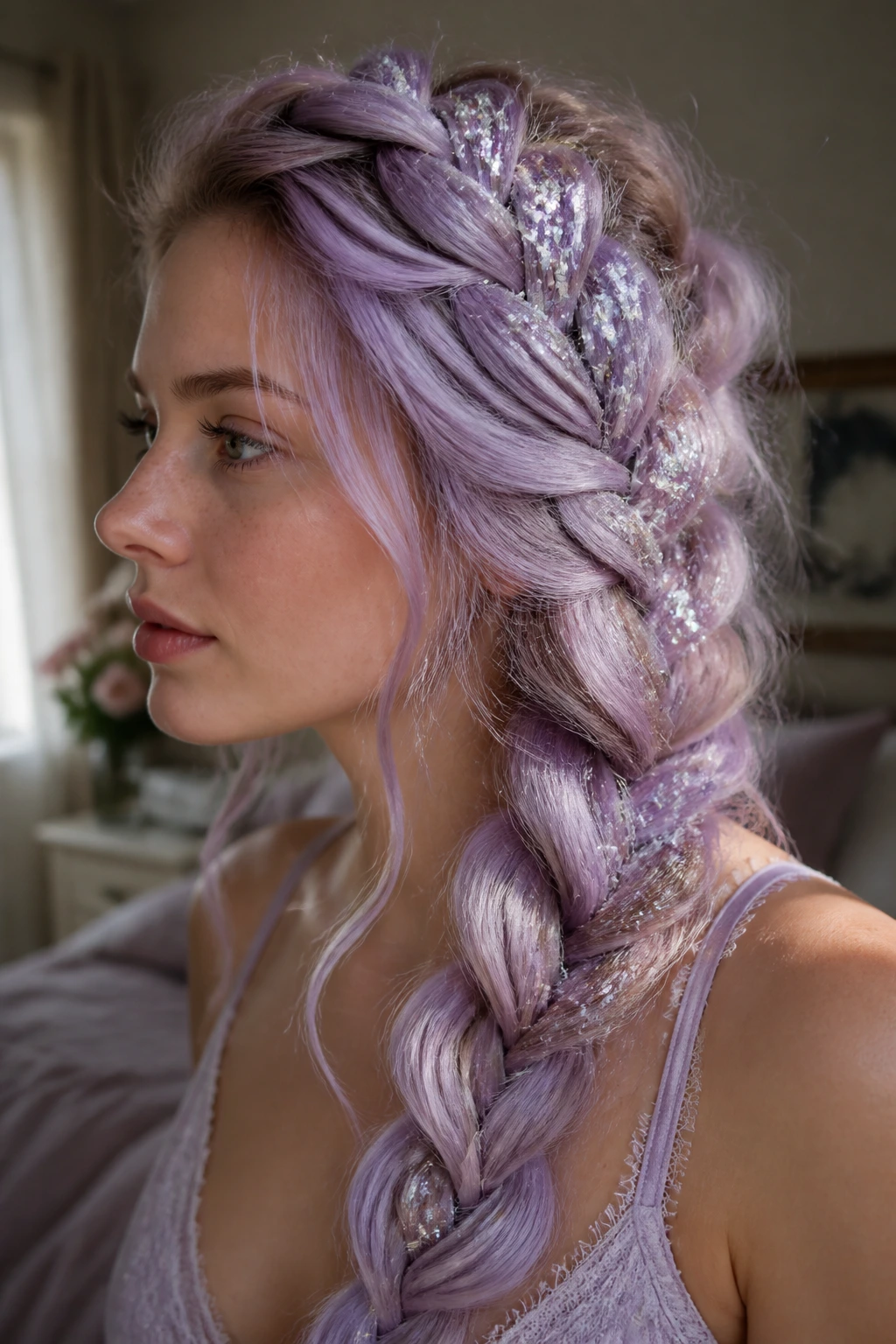 Close-up of a real person with a chunky lilac braid and iridescent glitter dust on the seams
