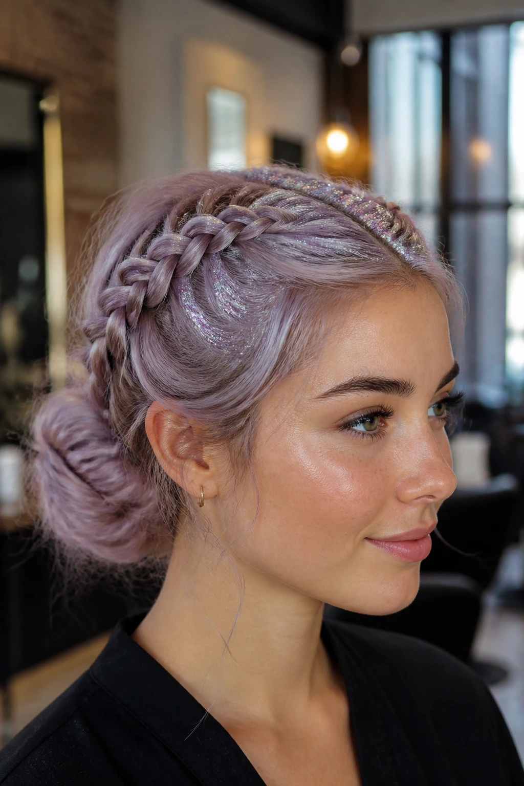Close-up of real woman with lilac braided low bun and glitter accents in salon