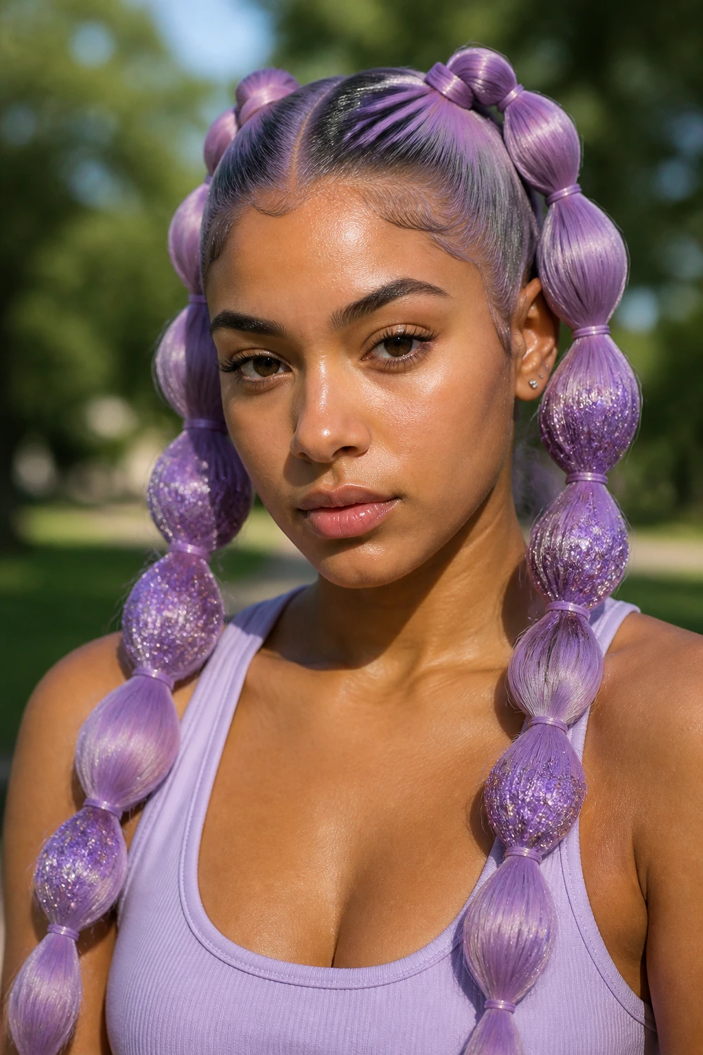 Close-up of a real woman with lilac bubble braids and glitter segments