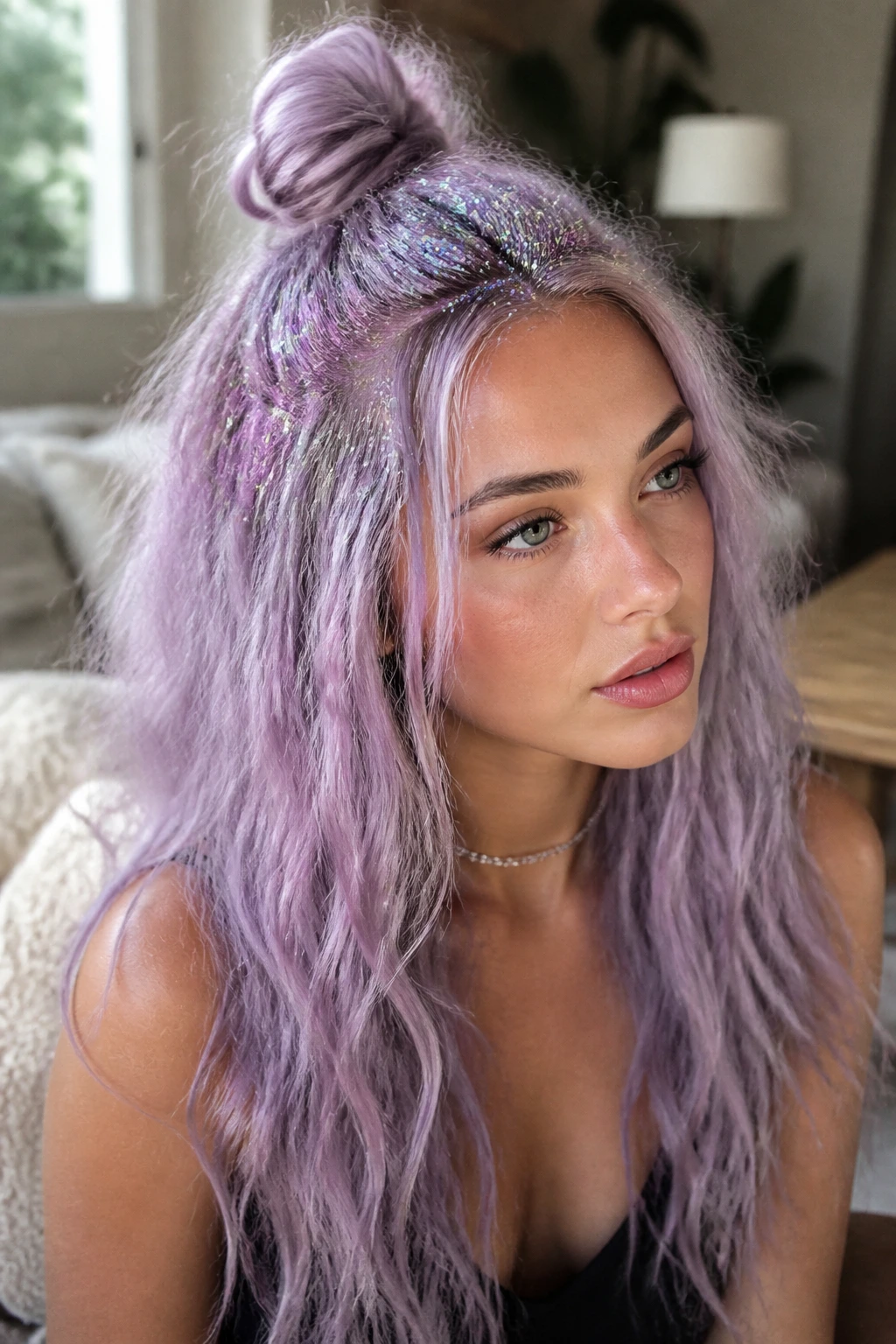 Close-up of a real woman with lilac crimped half-up messy knot and glitter