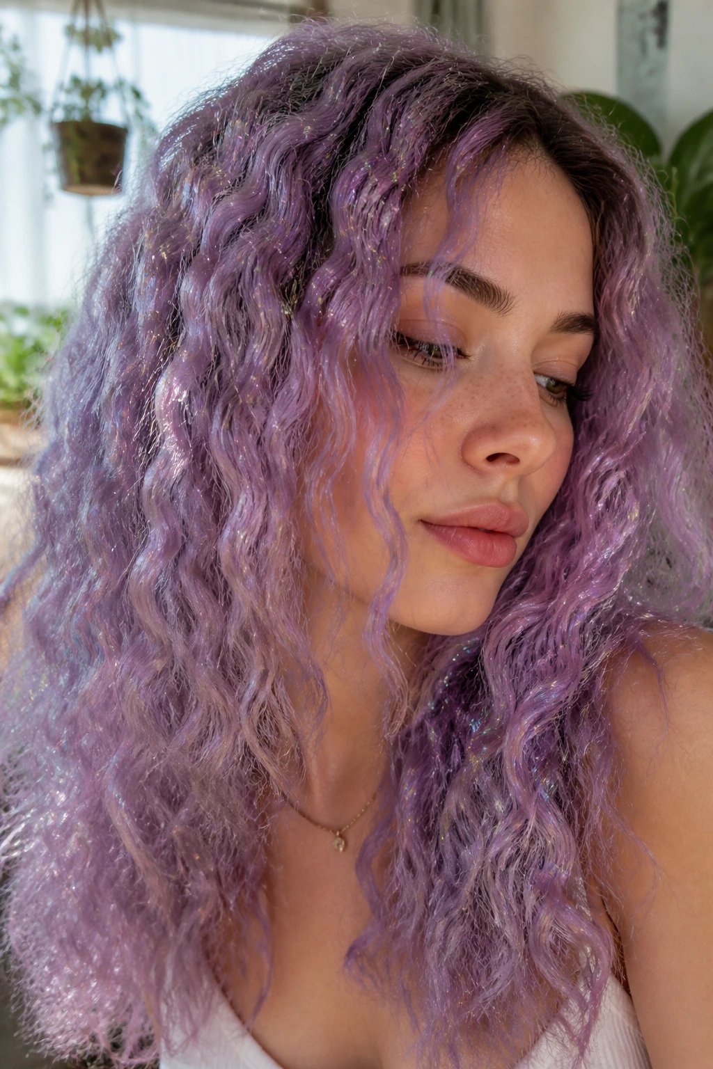 Portrait of a real person with lilac crimped waves and holographic glitter dust