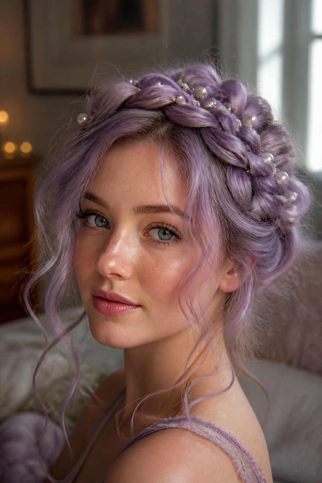 Close-up of a real woman wearing a lilac crown braid with pearl accents in warm window light