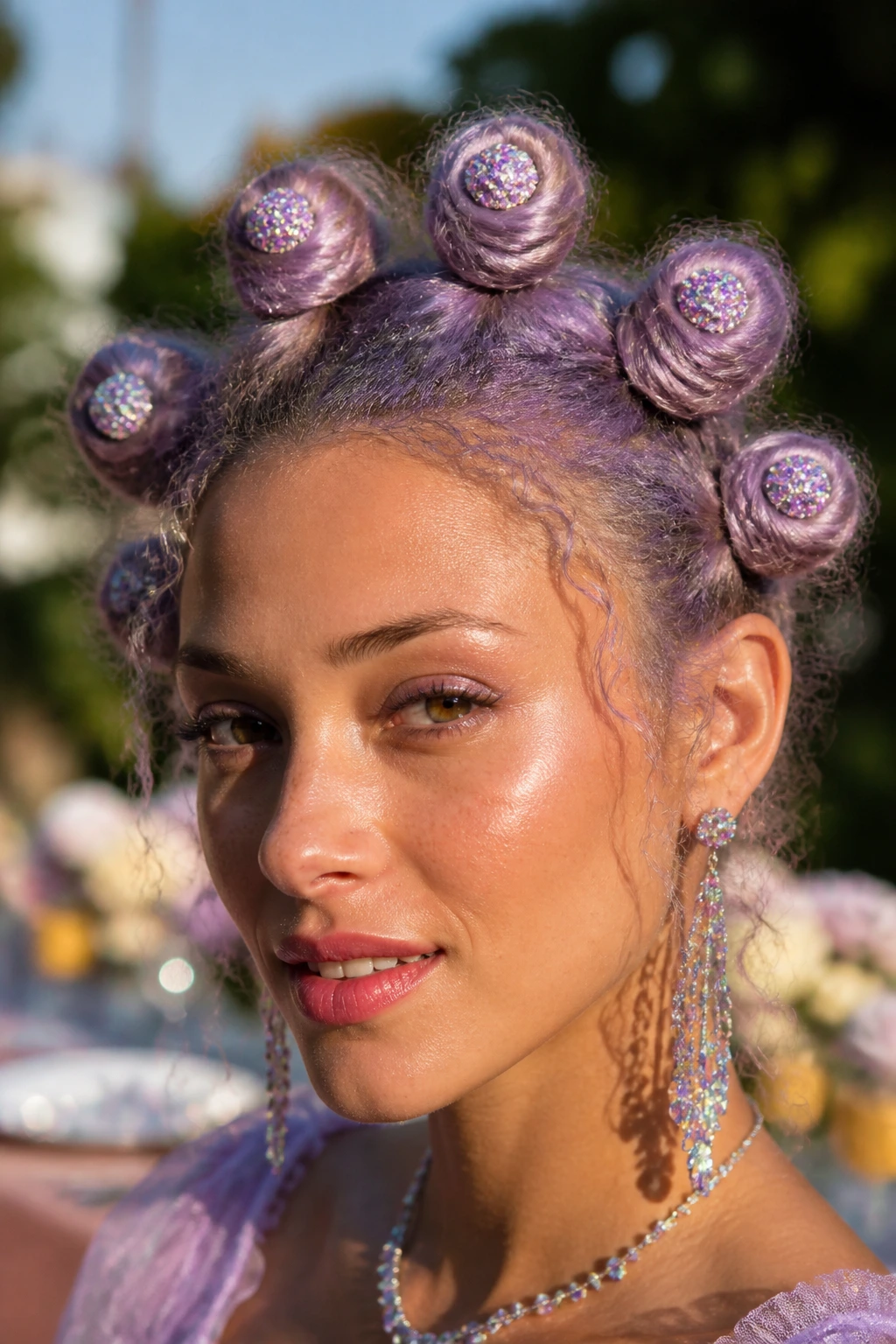 Close-up of real person wearing lilac crown of mini-buns with glitter centers