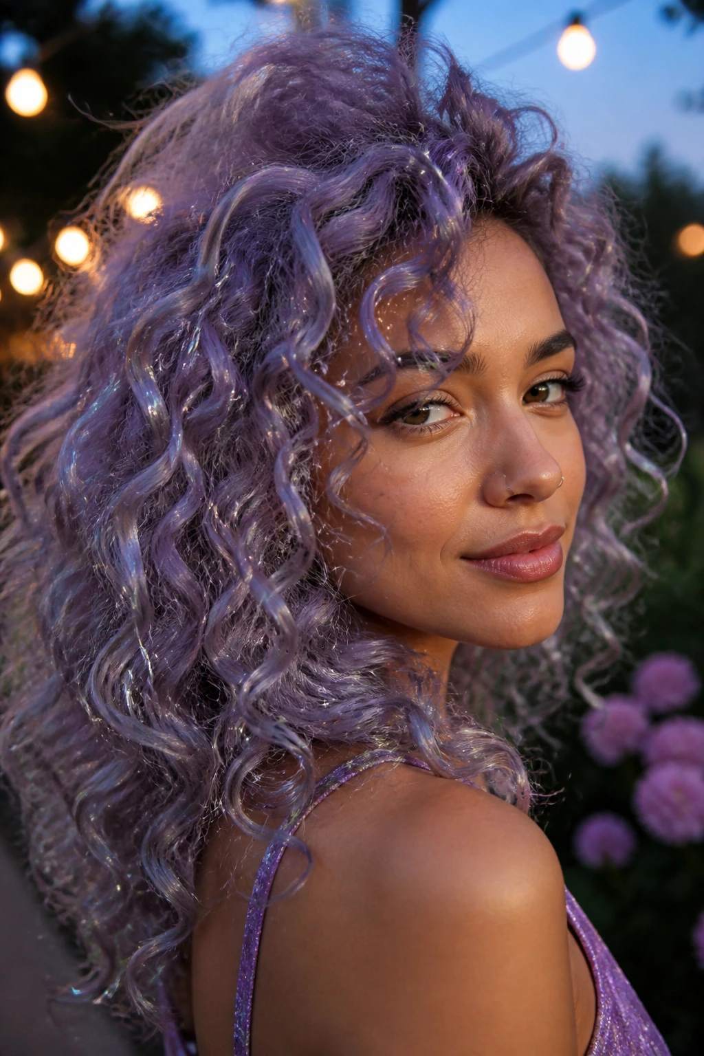 Close-up of real woman with lilac curls and hair tinsel