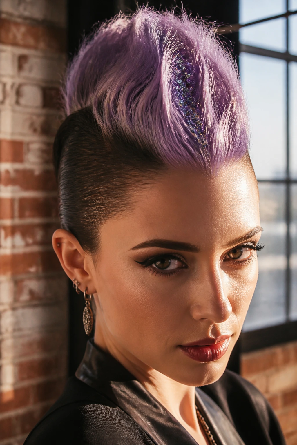 Portrait of a real person with lilac faux-hawk and glitter spine in an urban loft