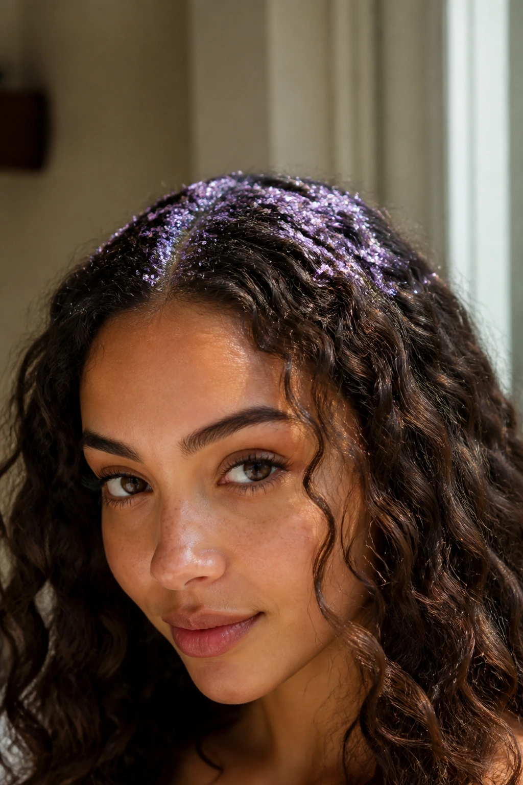 Close-up of real woman's head showing a lilac glitter halo crown