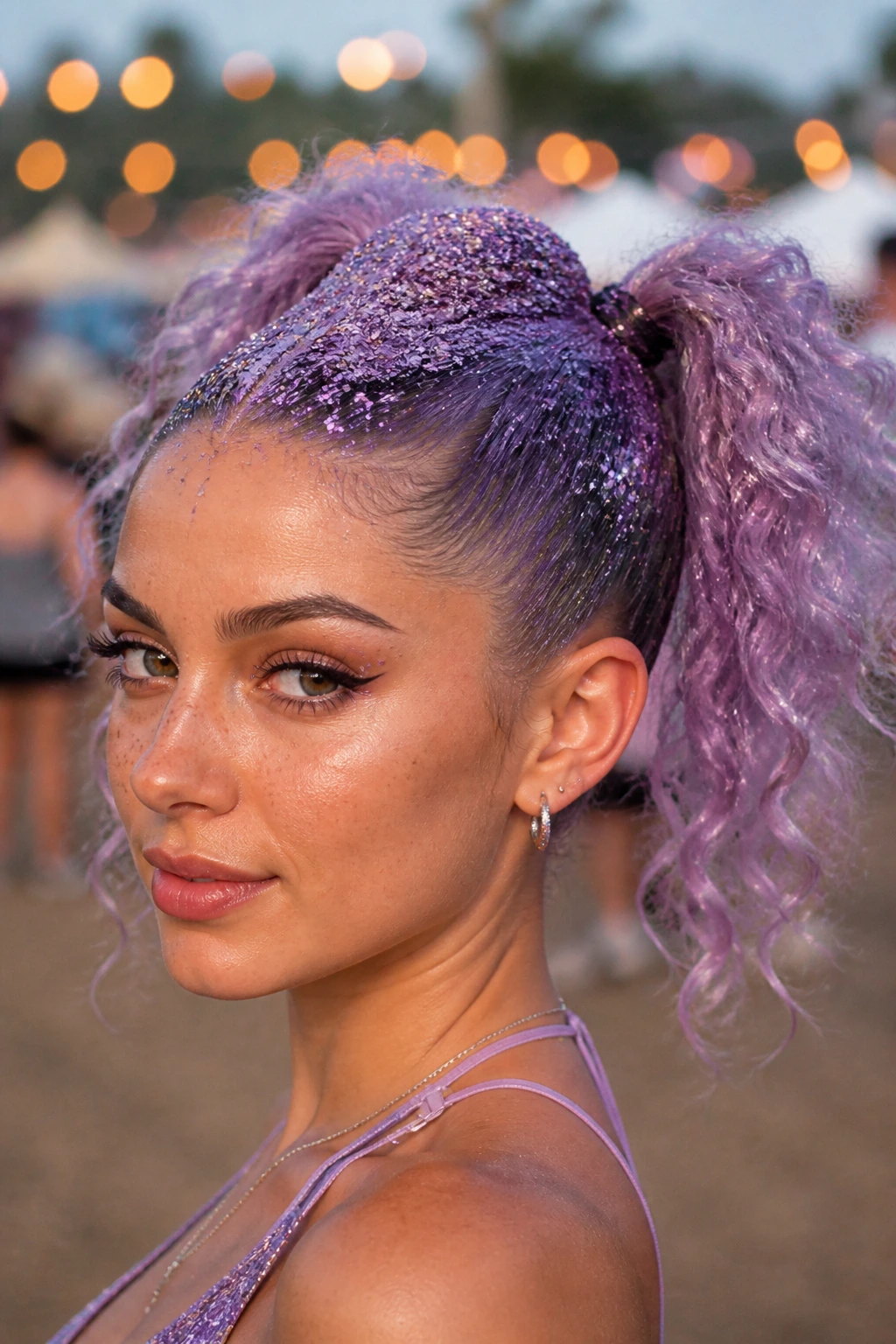 Close-up of real woman with lilac glitter Mohawk Pigtails in a festival setting
