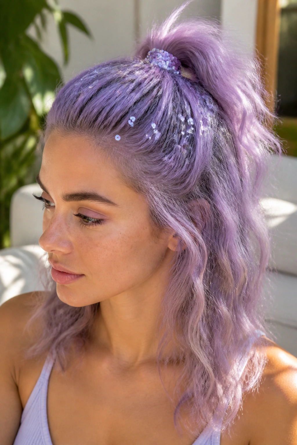 Close-up of a real person with lilac half-up ponytail and scattered sequins