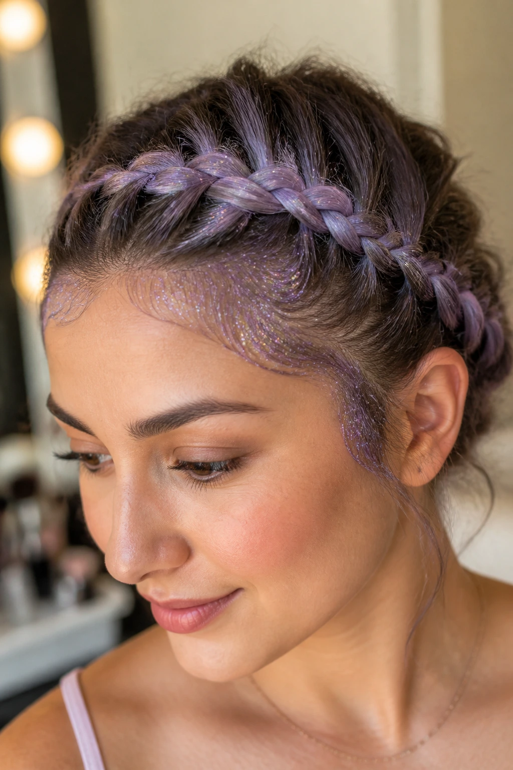 Close-up of a real woman with a lilac headband braid and glitter-edged flyaways