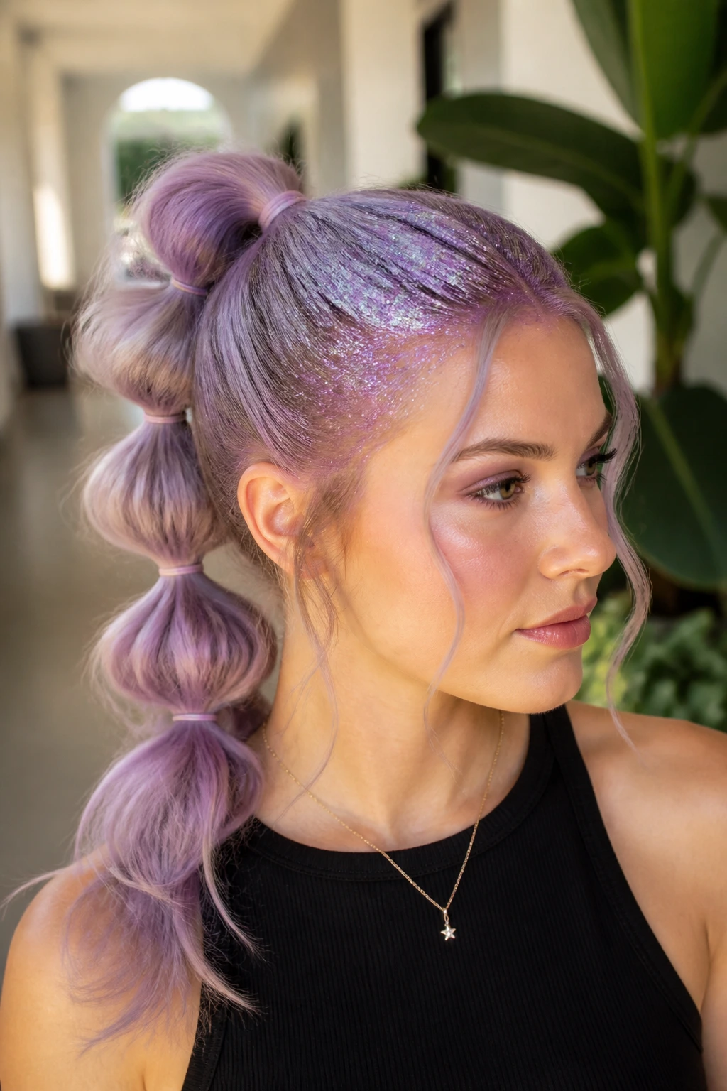 Close-up of real woman with lilac layered ponytail and glitter roots