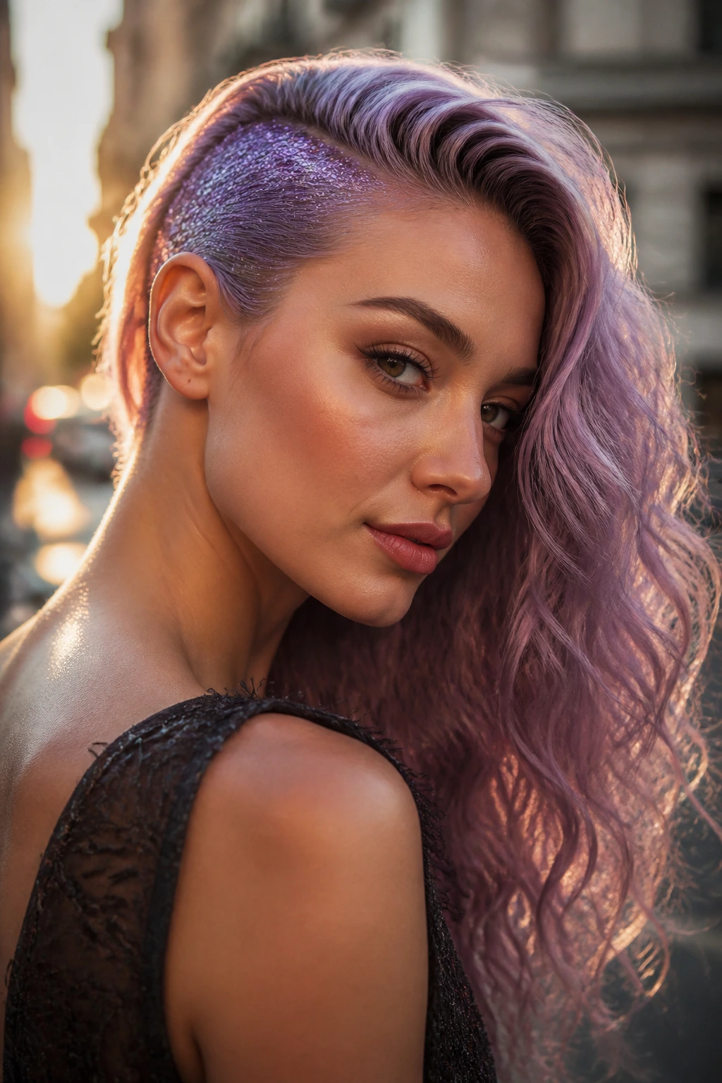 Close-up of real woman with lilac side-swept glitter wave