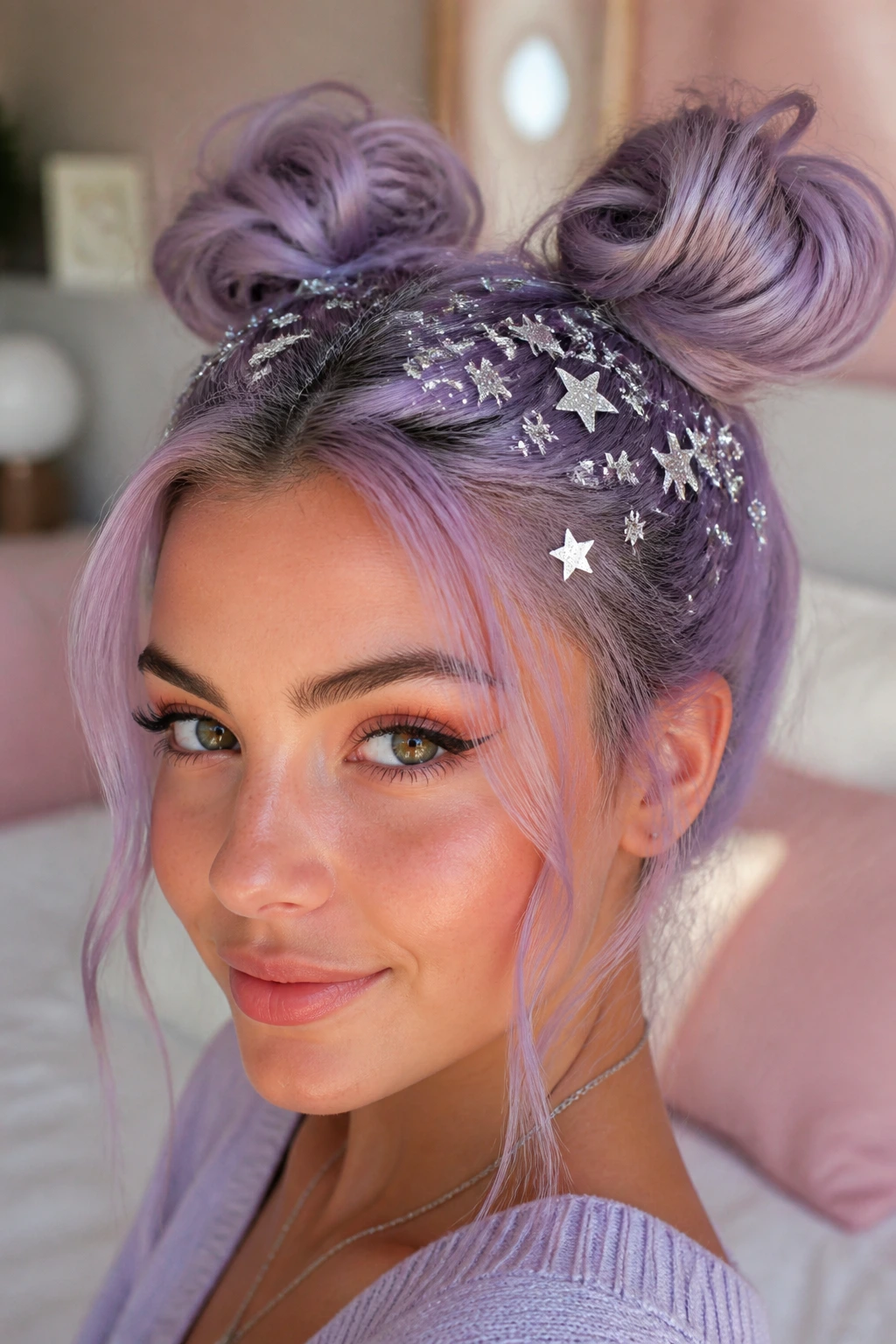 Portrait of a real person with lilac space buns and silver star glitter