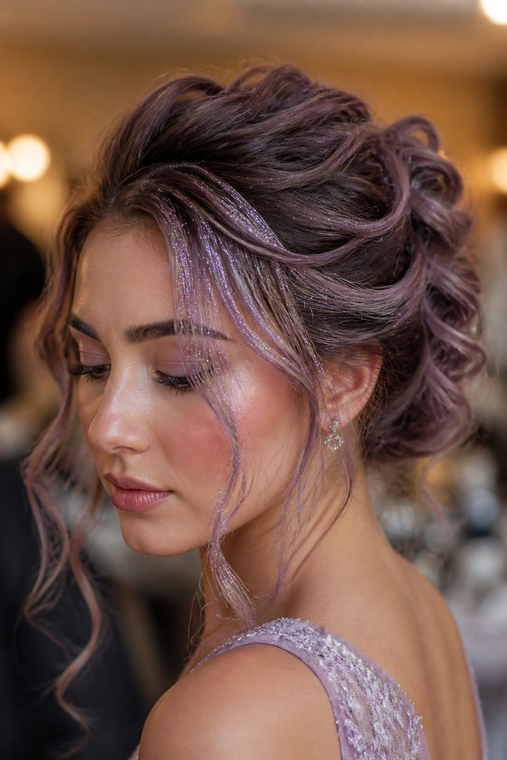 Close-up of real woman's lilac textured updo with glitter tendrils framing her face