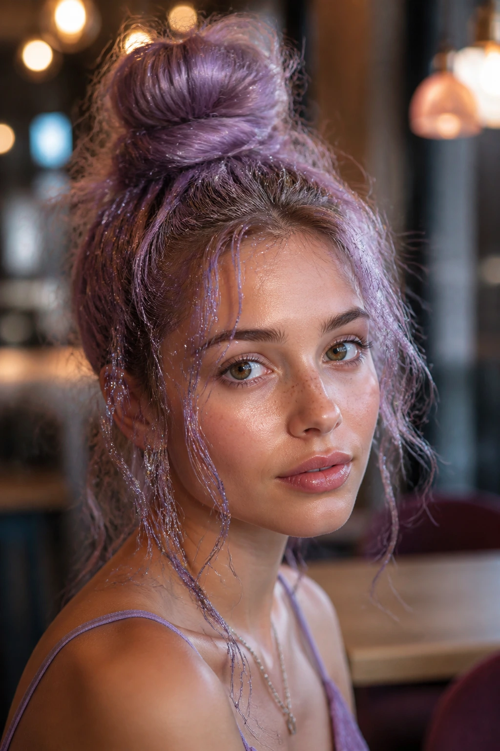 Close-up of a real woman with a lilac wispy high bun and glitter tendrils