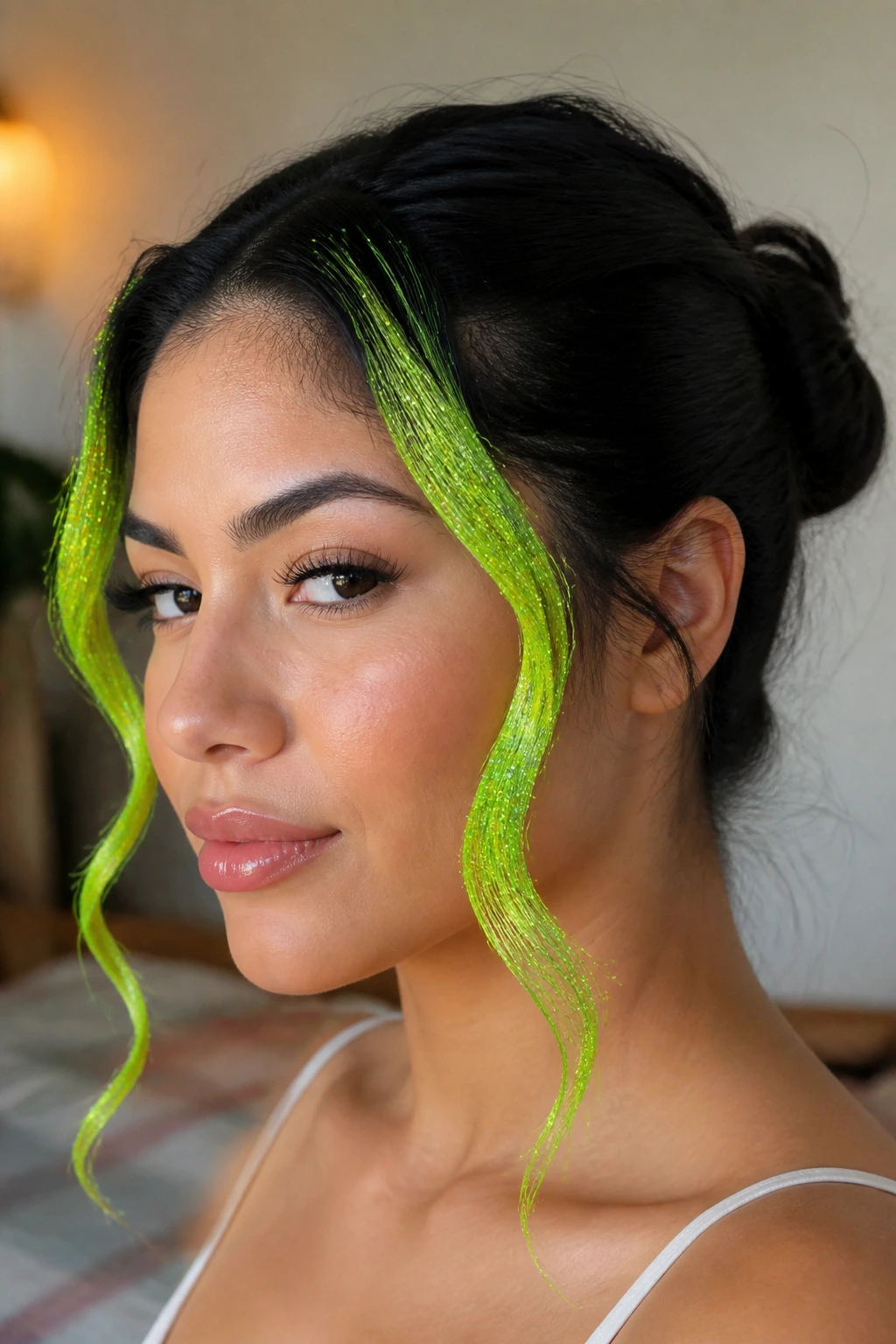 Two lime-green glitter tendrils frame the face on a Latina