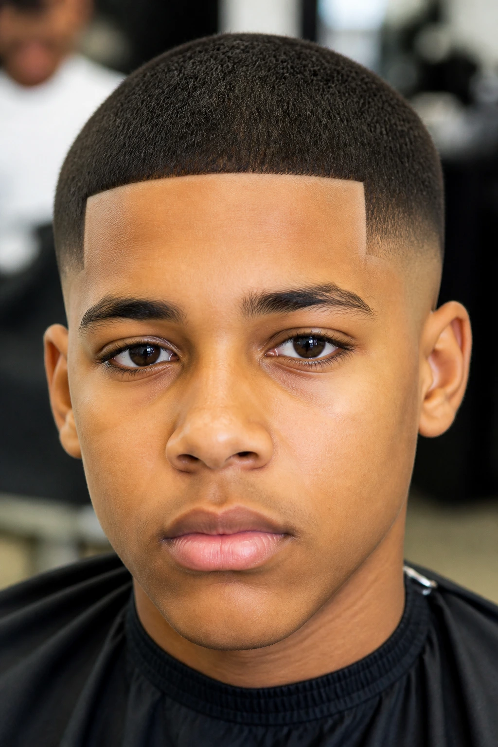 Close-up of a student with a line-up buzz showing sharp temple lines