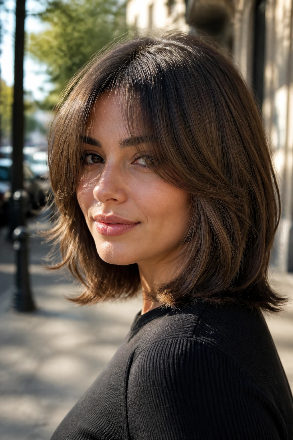 Portrait of a woman with feathered lob and curtain fringe on city sidewalk.