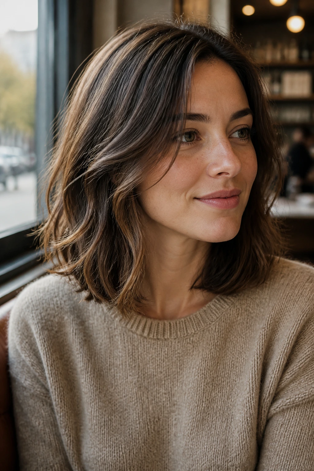 Close-up of a real woman with a long lob and invisible layers