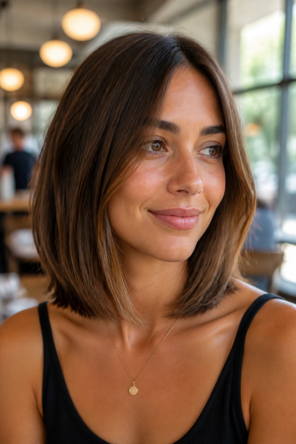 Portrait of a woman with a lob haircut featuring invisible layers